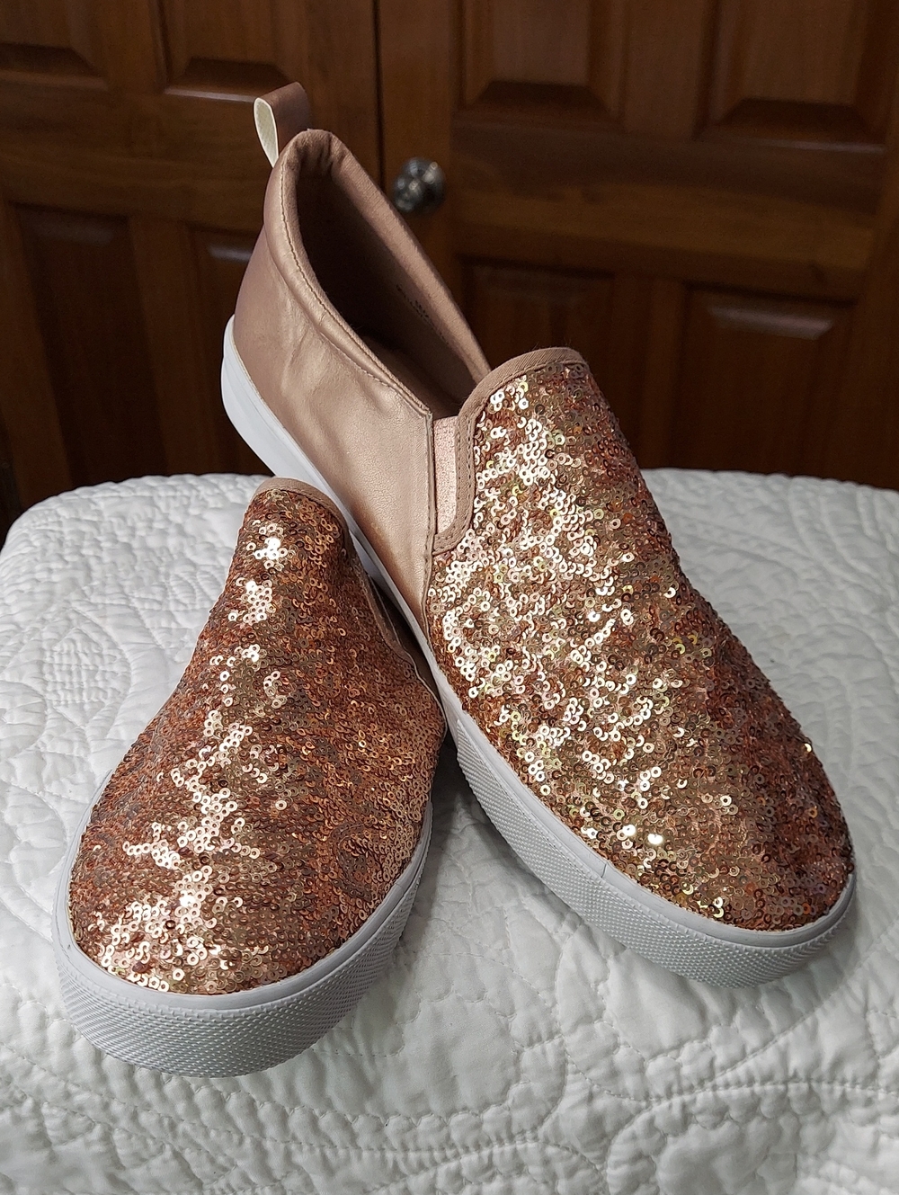 🆕 Cloudwalkers Rose Gold Sequin Glittery Slip On Loafer Shoes, 12 Ex Wide, NEW▪